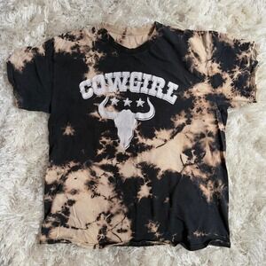 Acid Wash Grunge Cowgirl Skull Graphic Tee Black Tan Distressed Mens Large Top
